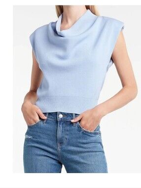 Express Light Blue Drapped Cowl Neck Padded Shoulder  Sweater Knit Top L